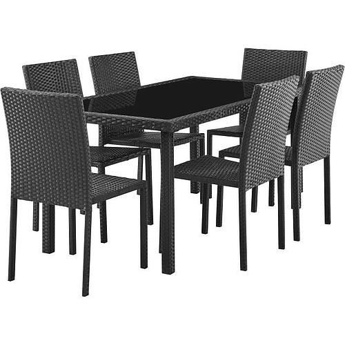 Photo de Ensemble repas de jardin - table en verre trempé et 6 chaises en résine tressée noir