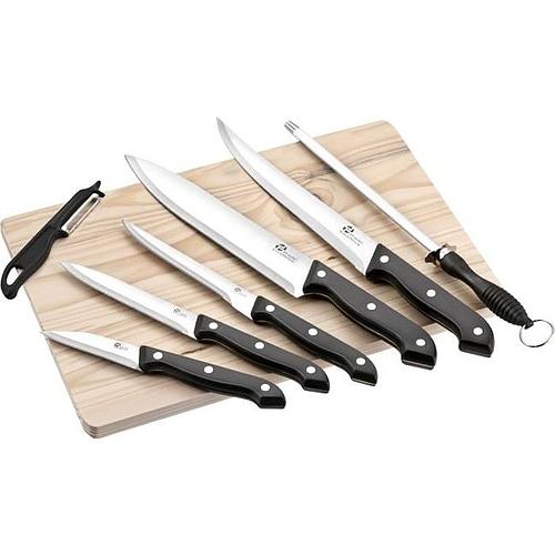 Photo de Planche en bois - PRADEL EXCELLENCE - avec 5 couteaux de cuisine, un fusil et un éplucheur gris et noir