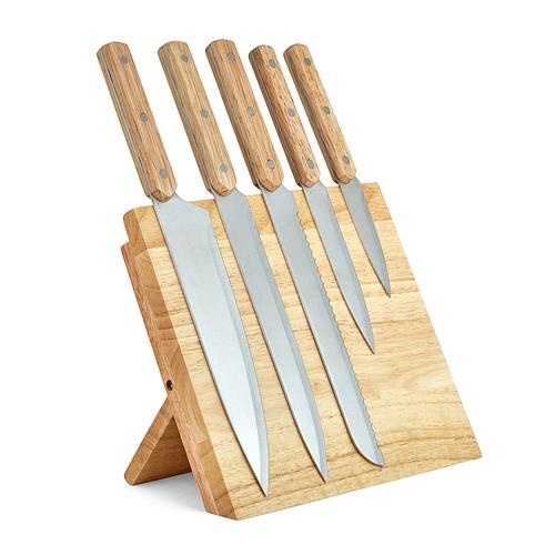 Photo de Ensemble de 5 couteaux en acier et support magnétique en bois