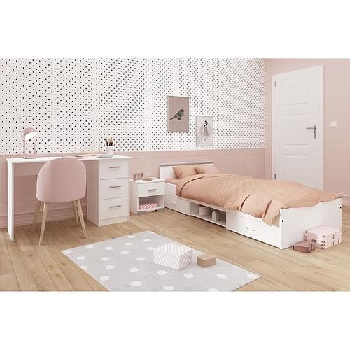 Photo de Chambre complète enfant 3 pièces - Lit + chevet + bureau - Blanc mat