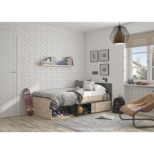Photo de Lit enfant avec rangement - Décor Chêne clair & Noir - 90 x 200 cm