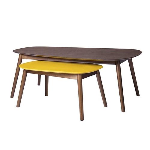 Photo de Ensemble de 2 Tables basses ovales - Imitation bois noyer et jaune