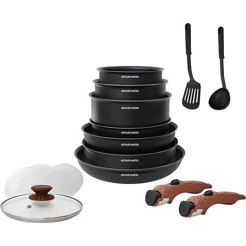 Photo de Batterie de cuisine 15 pièces- ARTHUR MARTIN - poignée amovible effet bois - tous feux dont induction