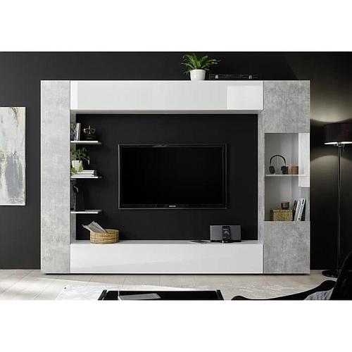 Photo de SIENNA Composition murale TV - Laqué blanc et béton - L295 x P30 x H187 cm