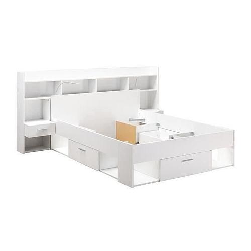 Photo de Ensemble lit adulte 140 x 190/200 cm & Tête de lit avec rangement et liseuses LED - Décor blanc mat