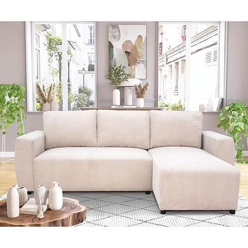 Photo de Canapé d'angle convertible réversible 3-4 places - Velours côtelé beige - Coffre de rangement