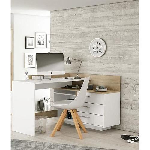 Photo de Bureau d'angle 3 tiroirs - Décor chêne et blanc