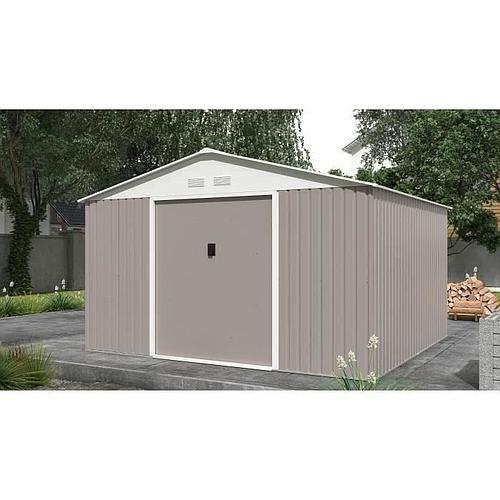 Photo de Abri de jardin en métal 10,85 m² - 340 x 319 x 210 cm - avec kit d'ancrage - Taupe
