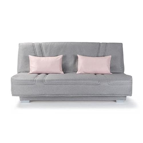 Photo de Banquette clic clac tissu gris et coussins déco rose - L193 x P95 cm