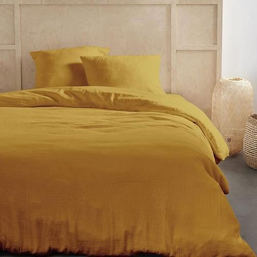 Photo de Parure de lit - 2 personnes - 240x220cm - Gaze de coton jaune
